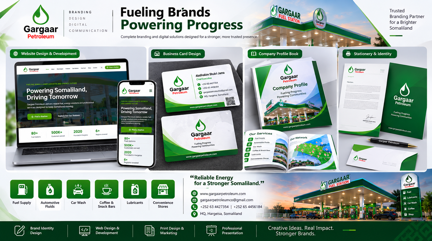 Gargaar Petroleum brand identity system designed by SOVA Creative Agency in Hargeisa — logo, stationery and forecourt branding