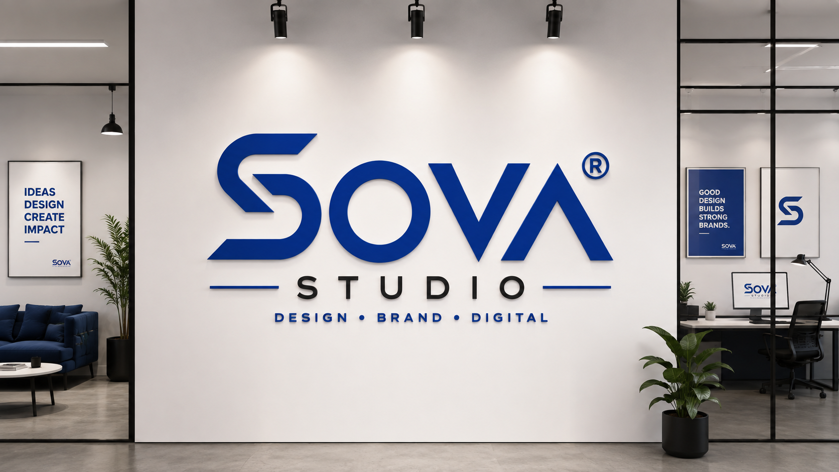 SOVA Studio reception wall with the SOVA Studio signage