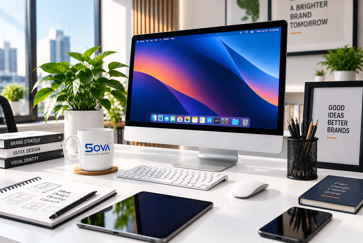 SOVA Creative Agency brand identity applied across a designer workspace